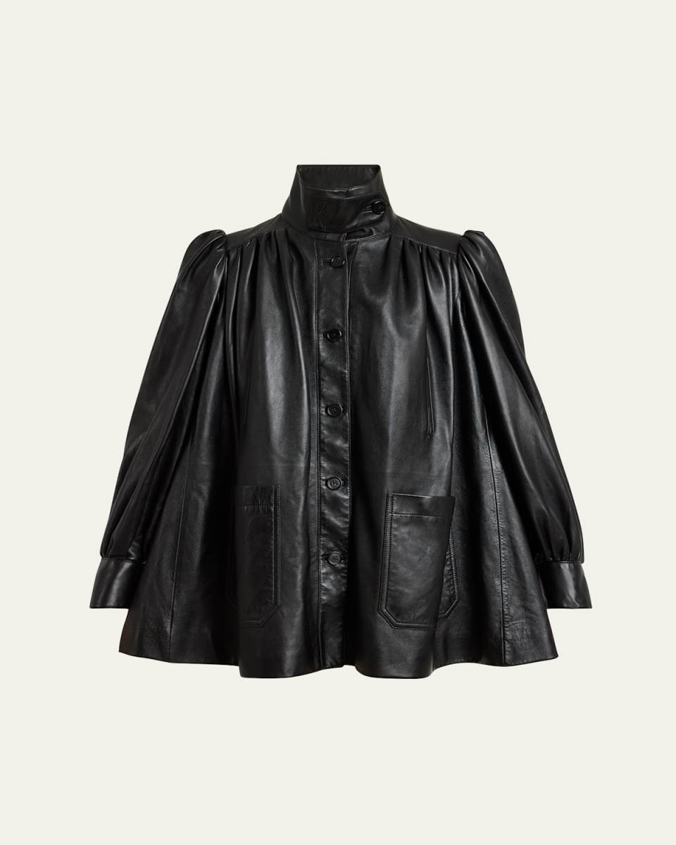 High-Neck Puff Sleeve Leather Jacket